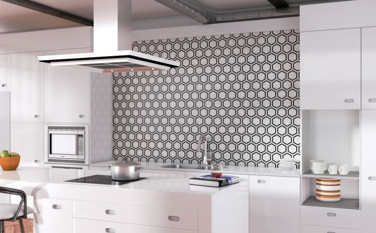 black and white backsplash mosaic in kitchen
